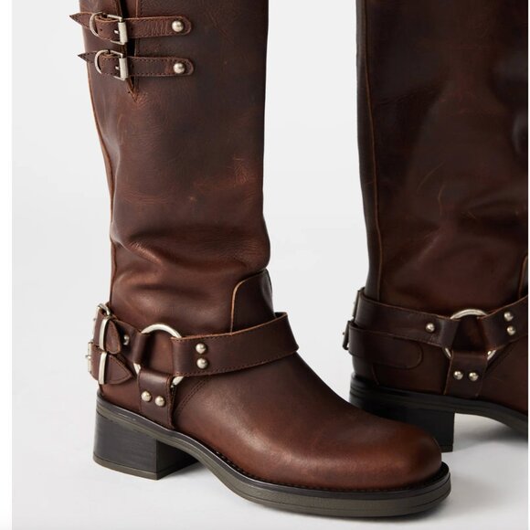 Pre-Loved STEVE MADDEN Astor Brown Leather Biker Boots - Size 6.5 US - Picture 4 of 10